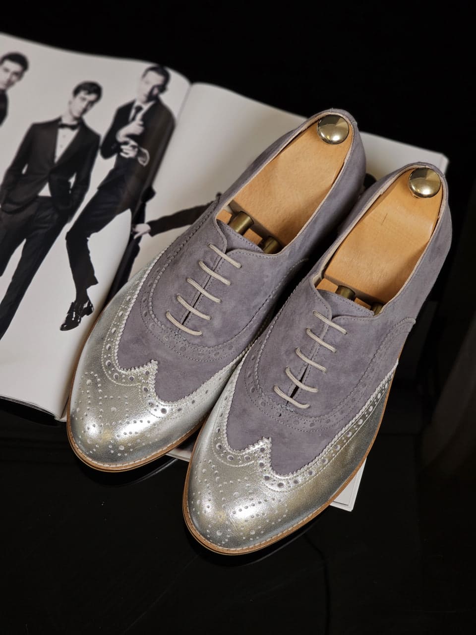 Brogue Grey Suede & Silver Leather 2cm heel