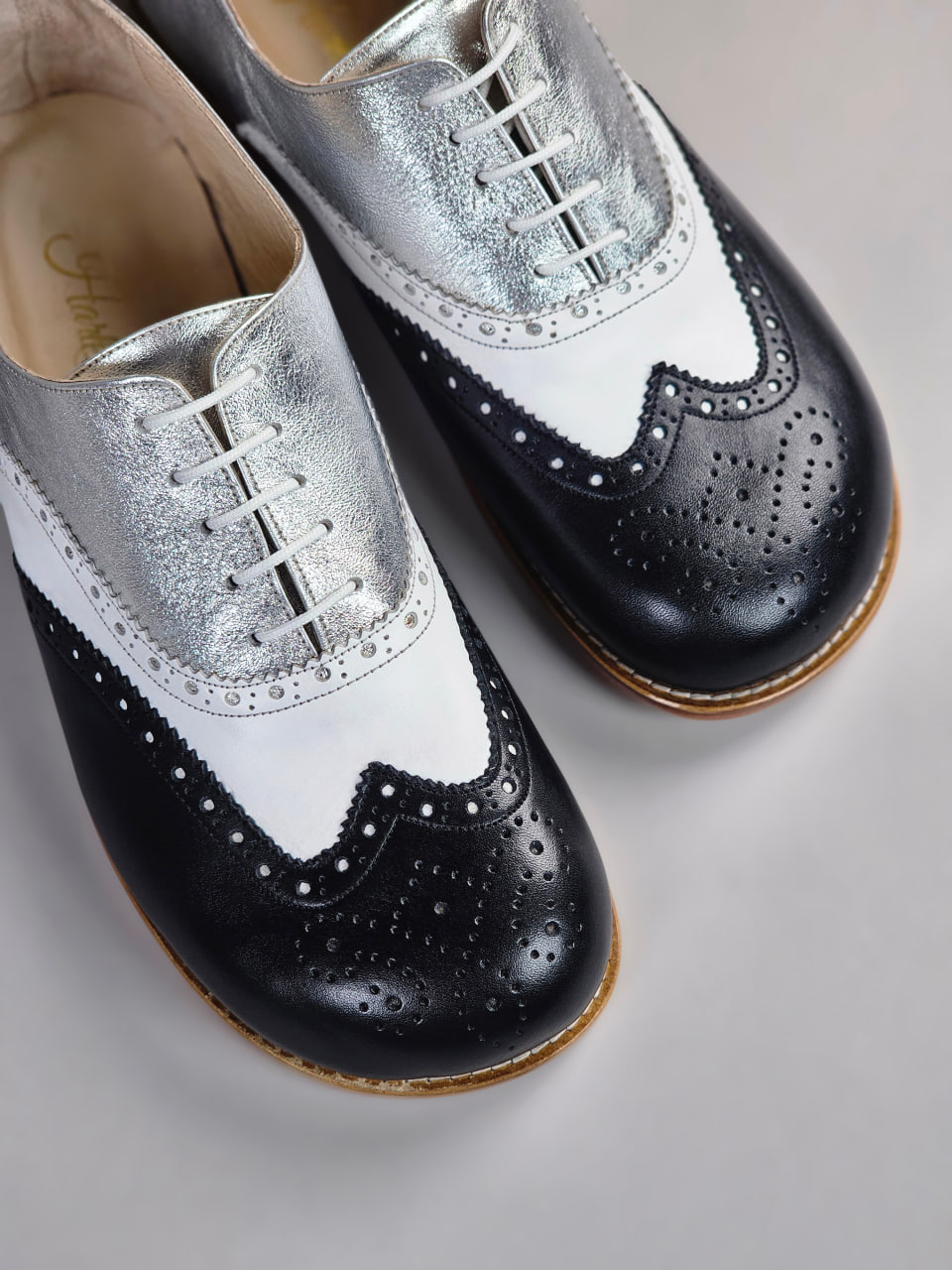 Barefoot Brogue Black & White & Silver Leather 2cm heel