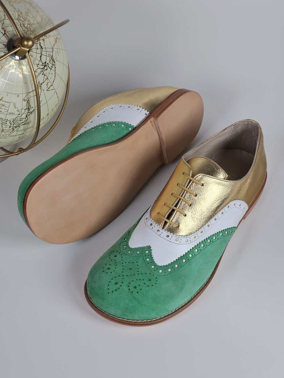 Barefoot Brogue Mint Green Suede & White & Gold Leathe 1cm heel