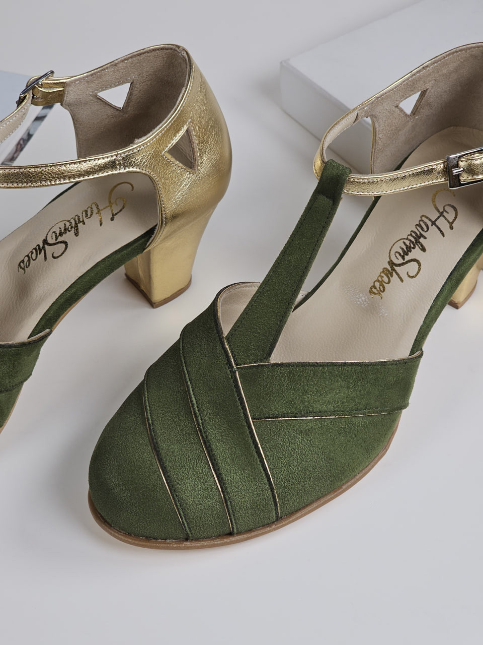 Sugar Green Textile & Gold Leather 6 cm Balboa heels