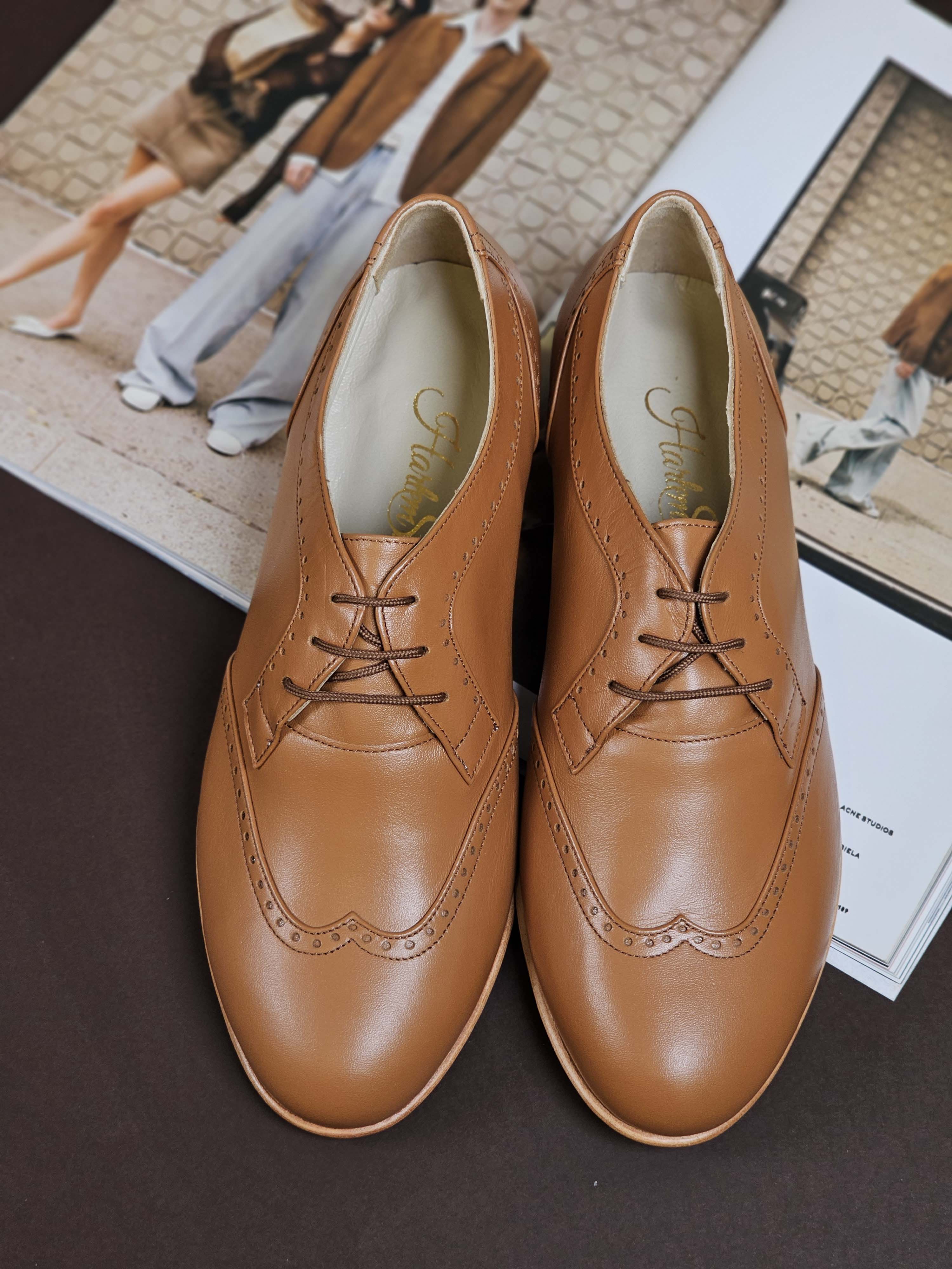 Women Oxfords Light Brown Leather 2 cm heel