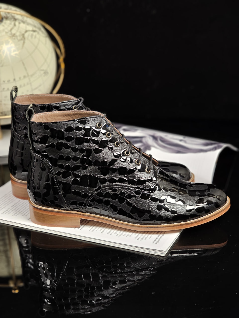 Derby Boots Black Python leather 2 cm heel