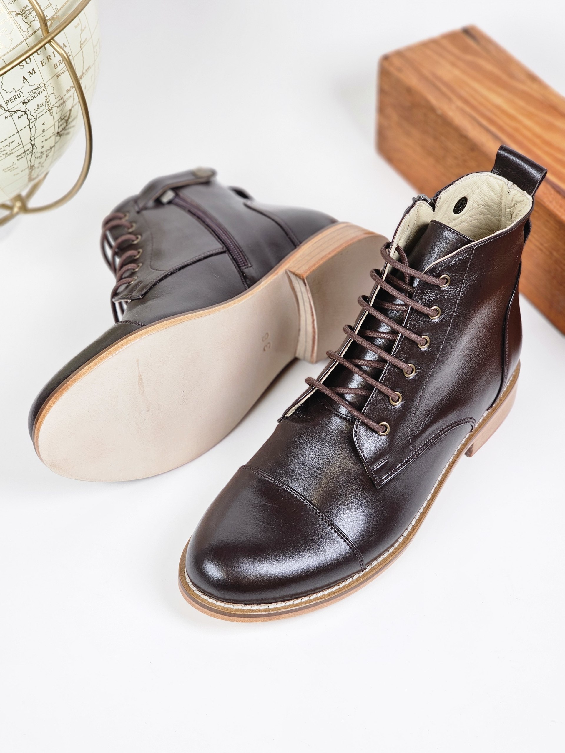 Derby Boots with Zipper Dark Chocolate Leather 2 cm heel