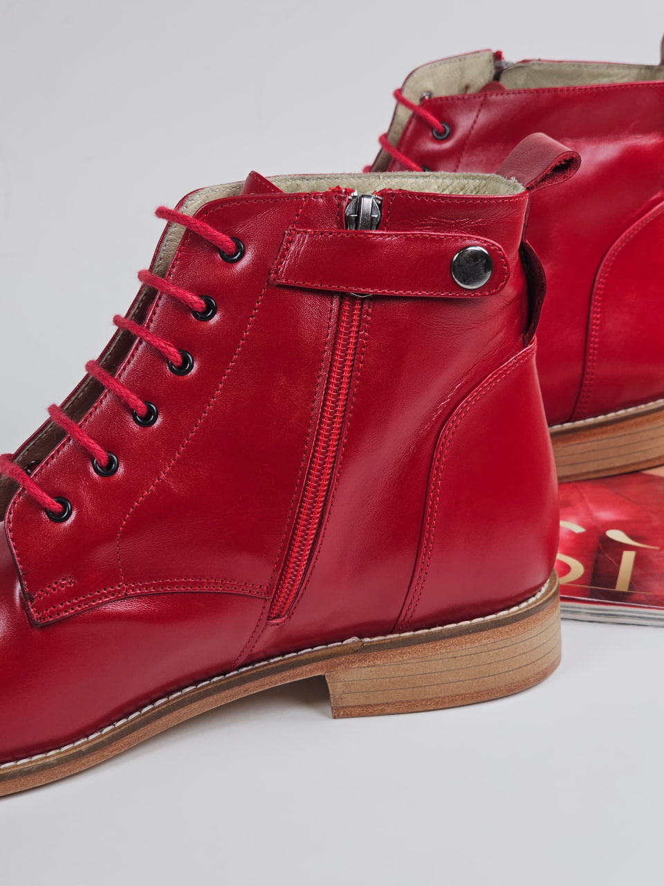 Derby Boots with Zipper Red Leather 2 cm heel