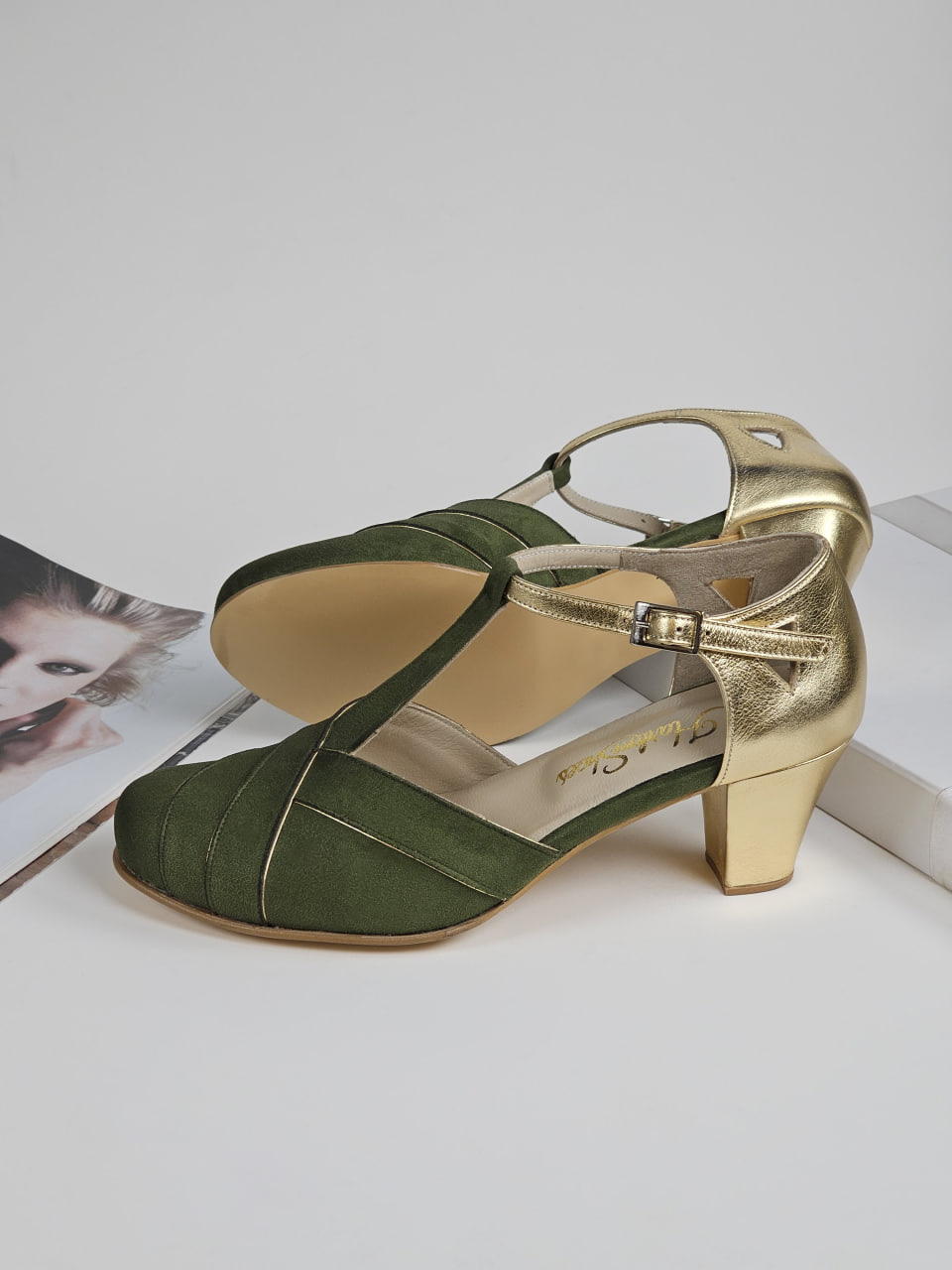 Sugar Green Textile & Gold Leather 6 cm Balboa heels