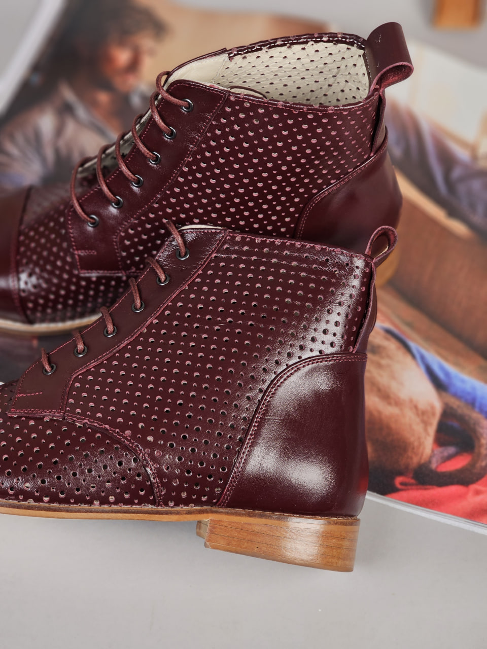 Derby Boots Perforated Bordeaux Leather 2 cm heel