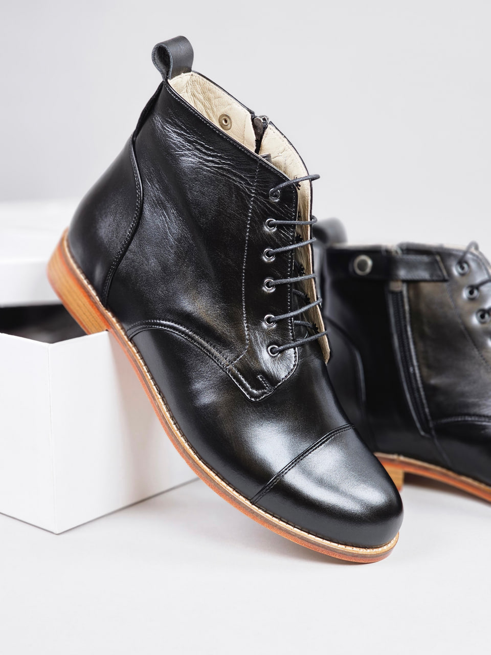 Derby Boots with Zipper Black Leather 2 cm heel