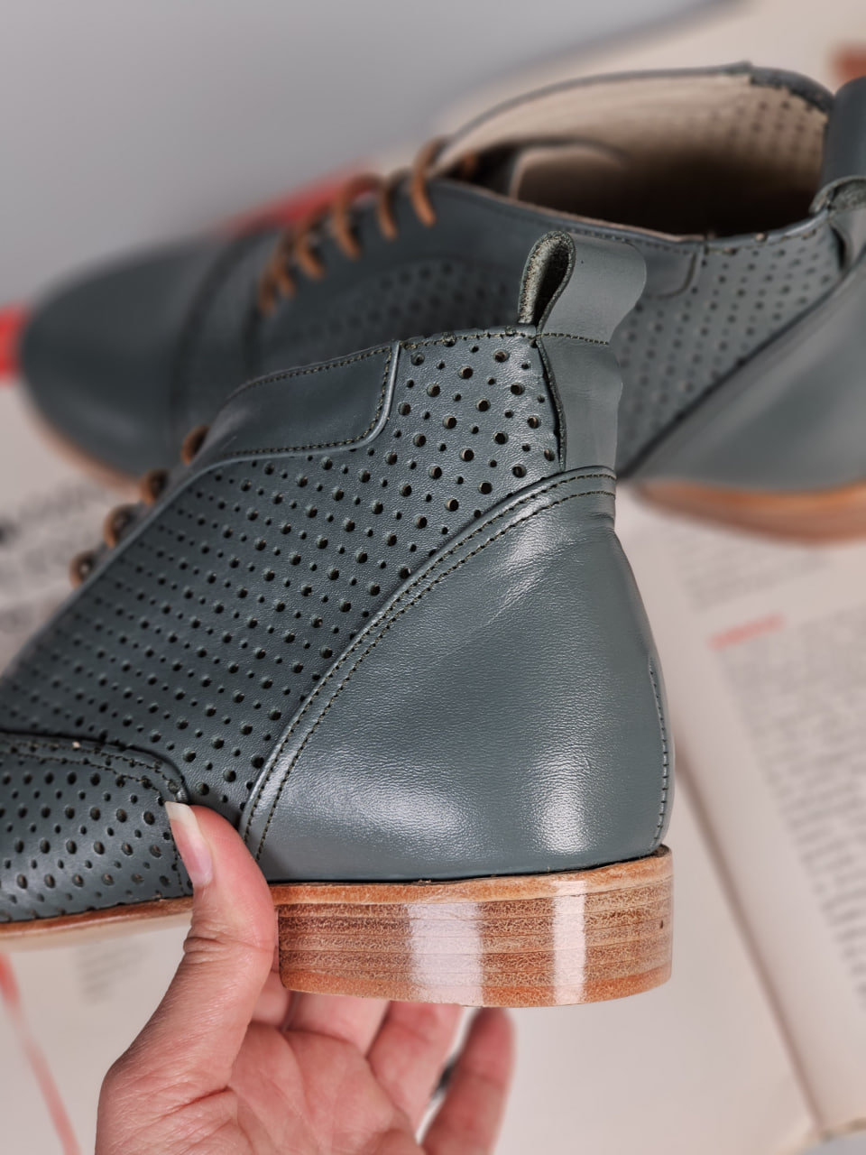 Smooth Boots Perforated Teal Green Leather 2 cm heel