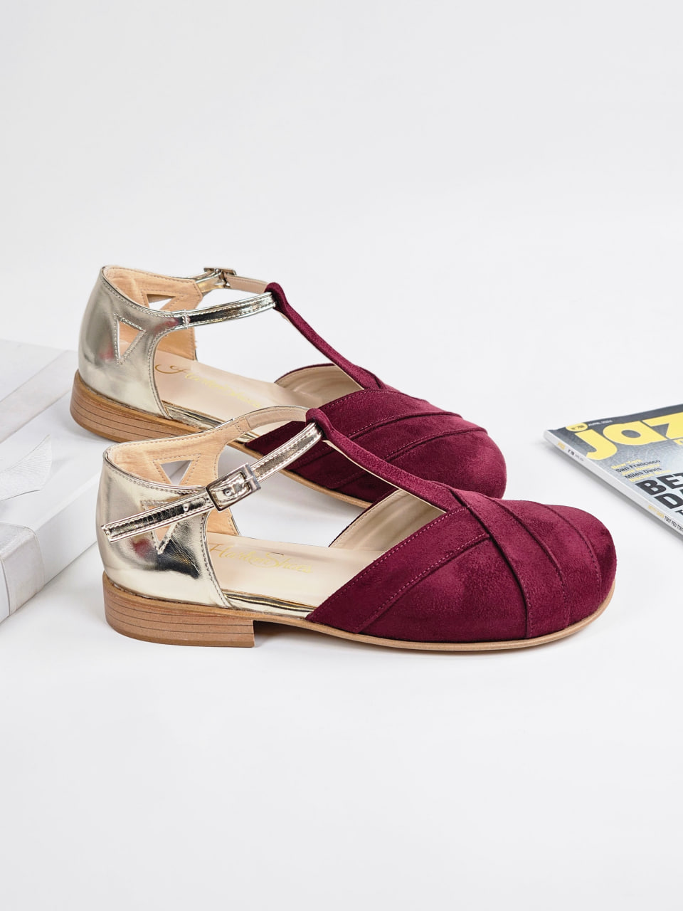 Barefoot Sugar Vegan Bordeaux Suede & Platinum Gold Leather 2 cm heel