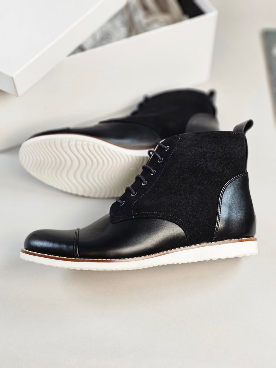 Derby Boots Black Leather & Suede Eva sole