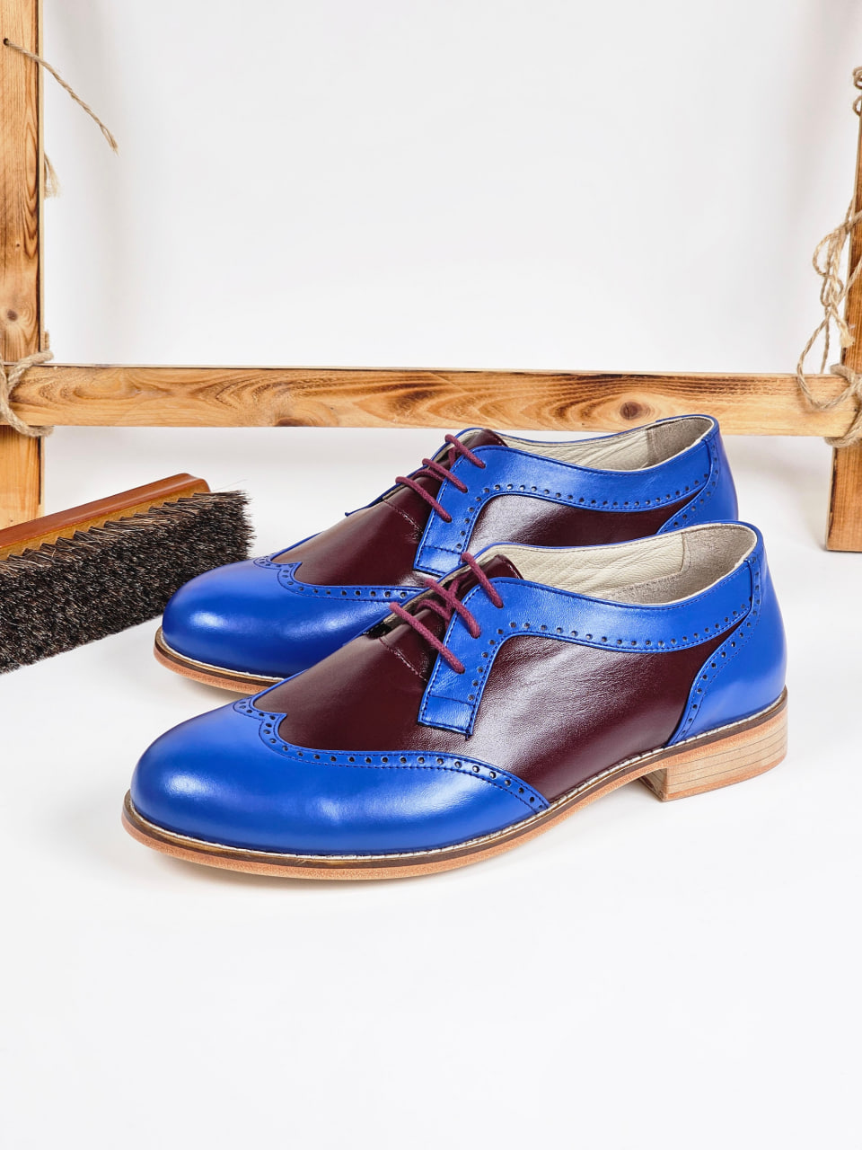Women Oxfords Blue & Bordeaux Leather 2 cm heel