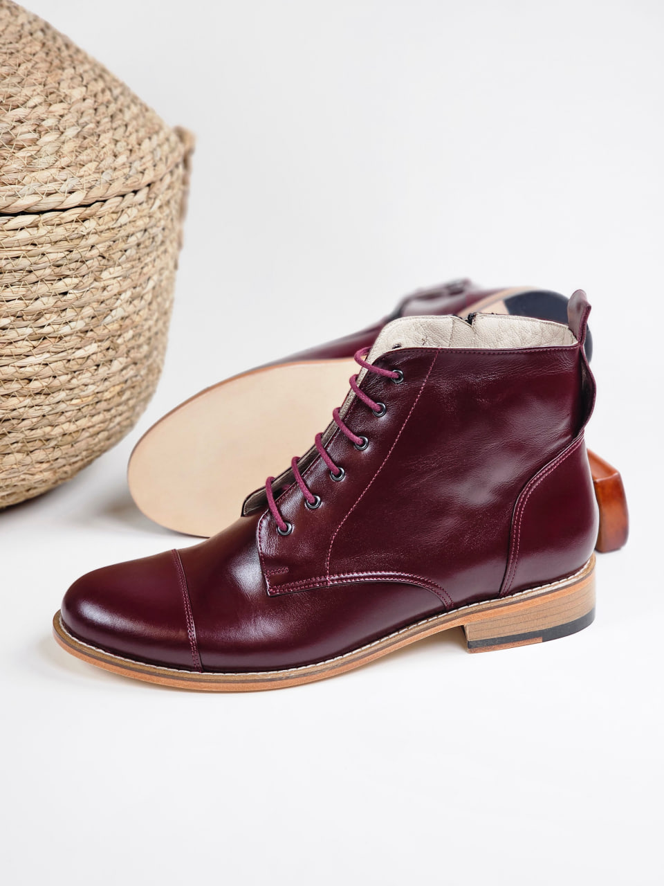 Derby Boots with Zipper Bordeaux Leather 2 cm heel