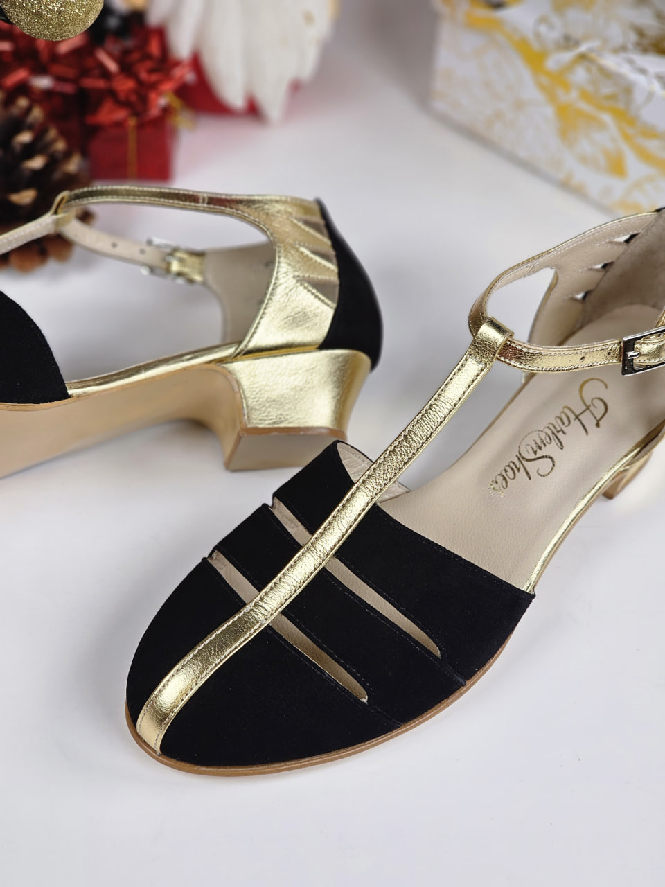 Harmony Black Suede & Gold Leather 4 cm heel