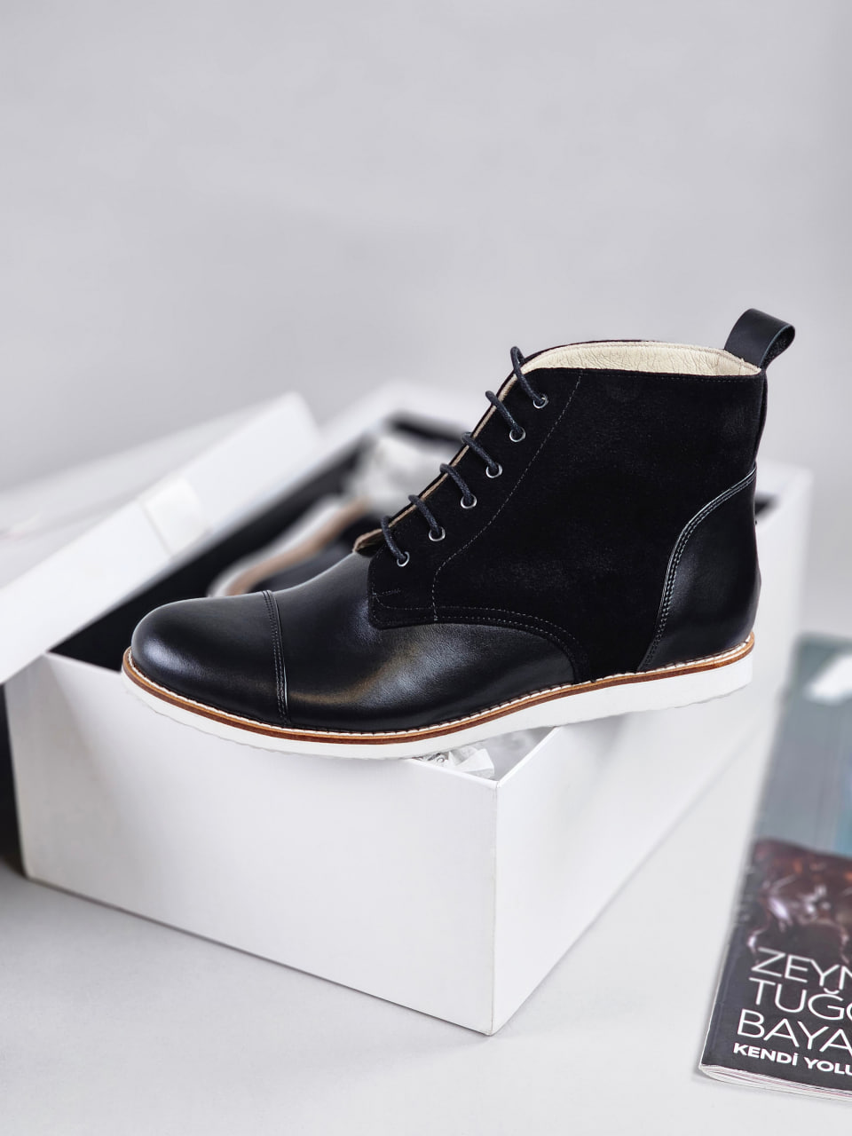Derby Boots Black Leather & Suede Eva sole