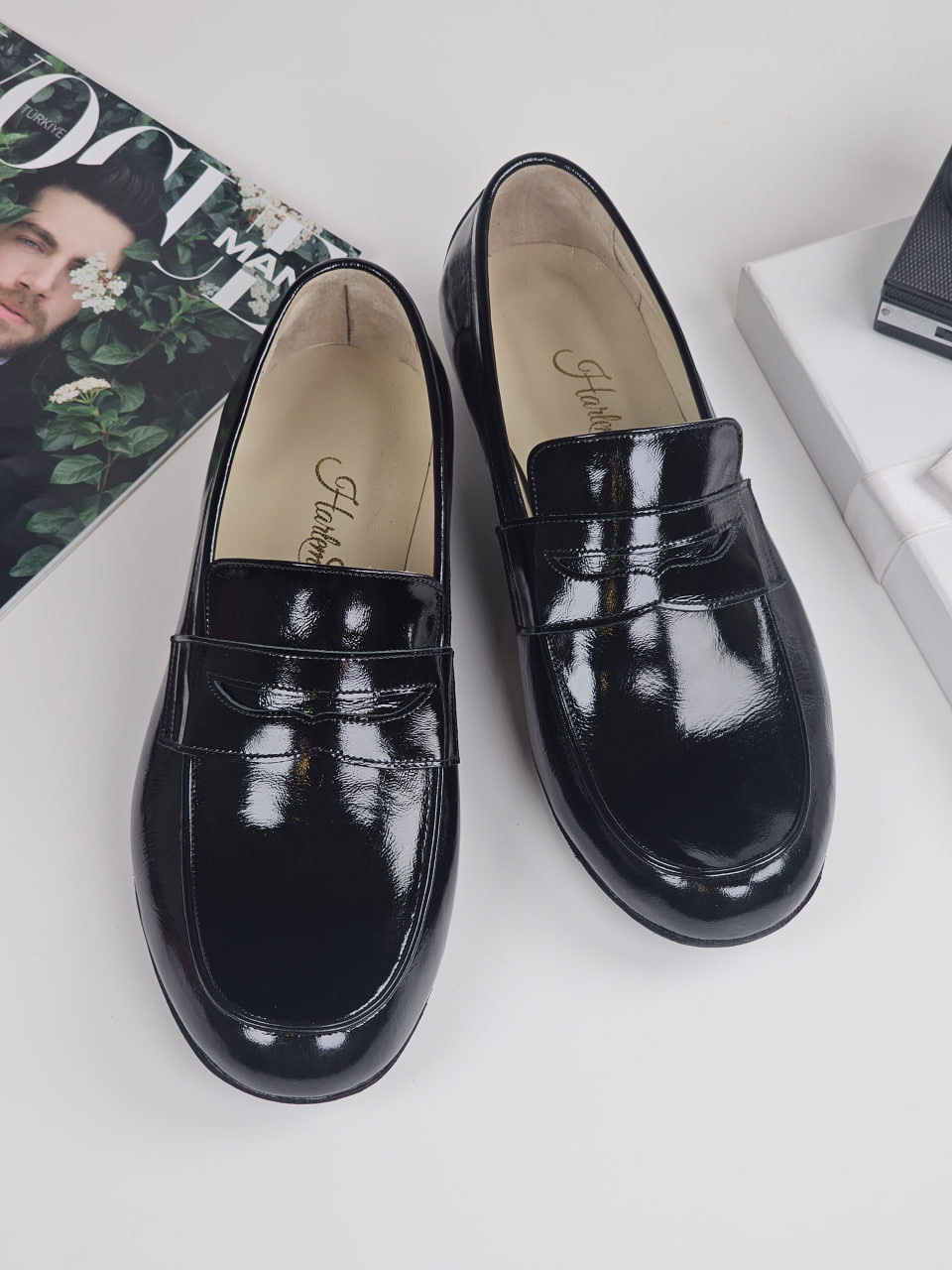 Harlem Shoes Loafers Black Polished Leather 3 cm heel with suede sole thumbnail 4