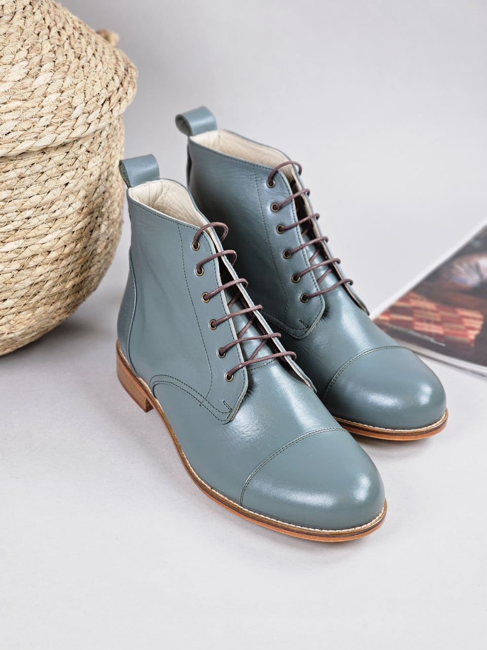 Derby Boots Teal Green Leather 2cm heel