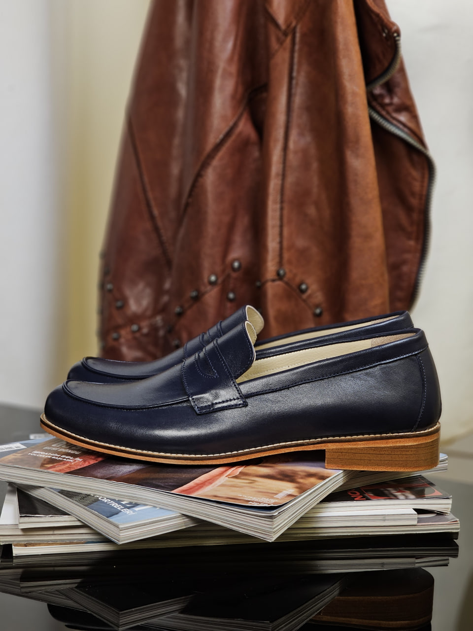 Loafers Dark Blue Leather 2 cm heel