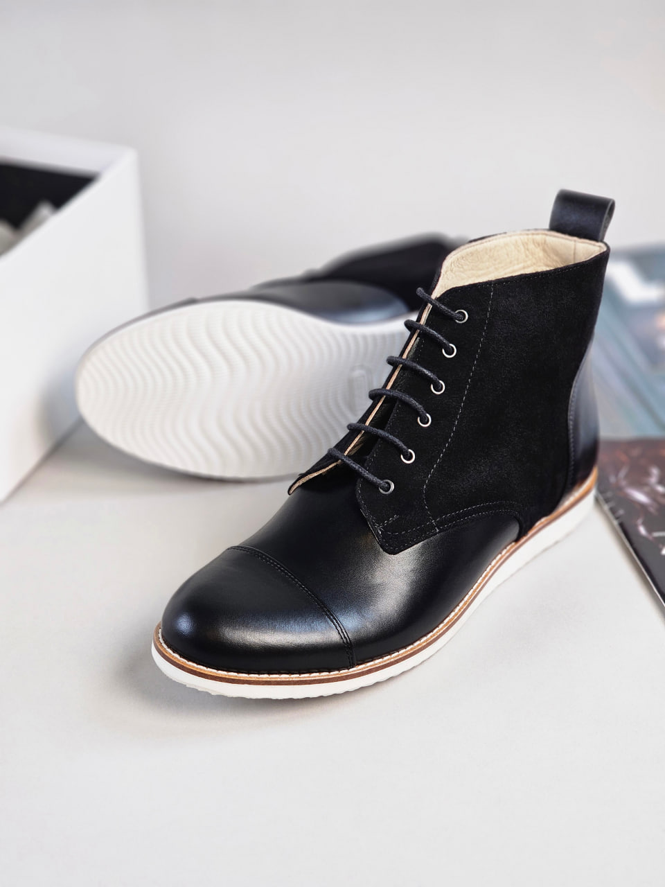 Derby Boots Black Leather & Suede Eva sole