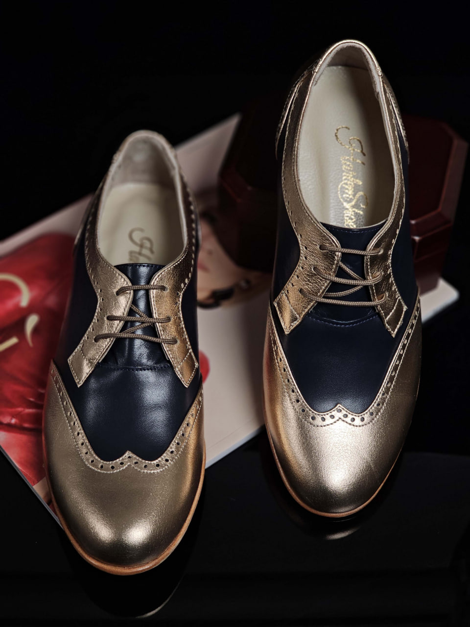 Women Oxfords Rose Gold & Dark Blue Leather 2 cm heel