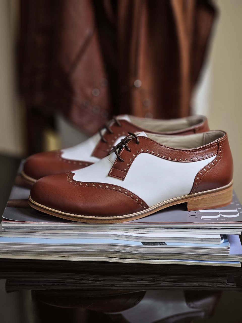 Men Oxfords Brown & White Leather 2 cm heel