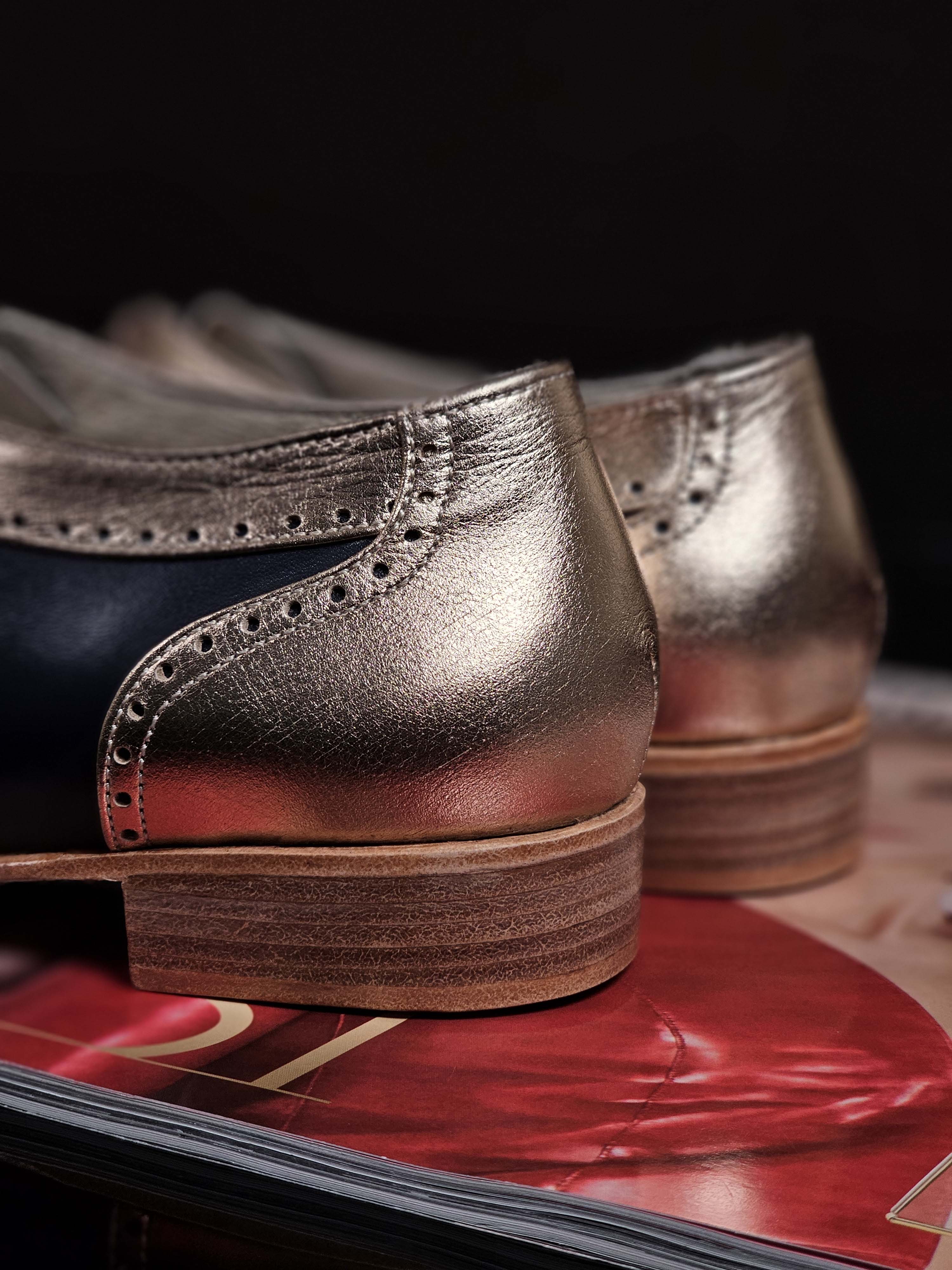 Women Oxfords Rose Gold & Dark Blue Leather 2 cm heel