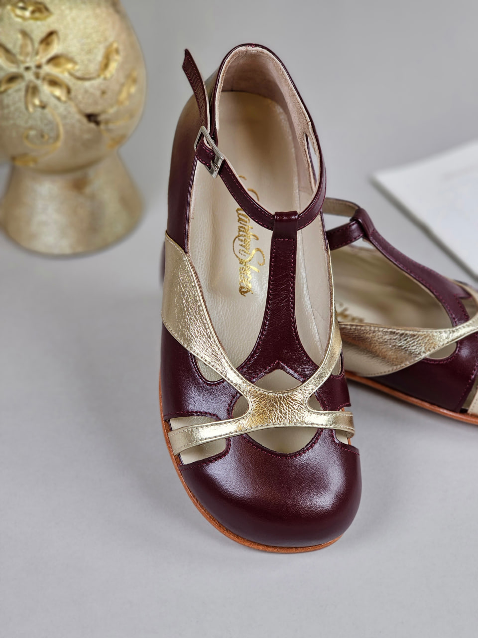 Barefoot Spring Bordeaux & Platinum Gold Leather 2 cm heel