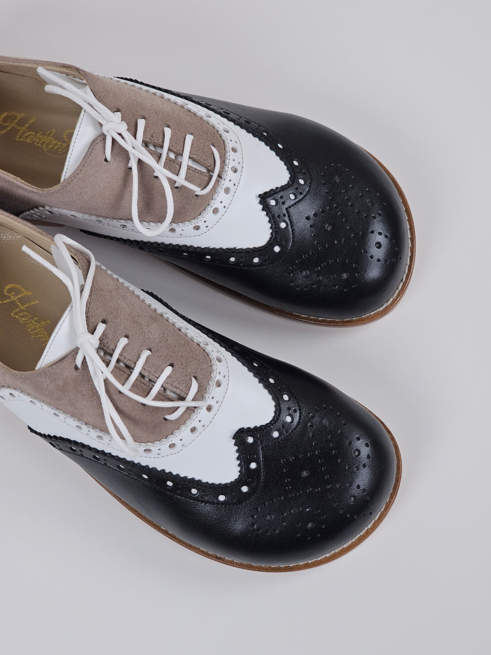 Barefoot Brogue Black & White Leather & Soft Grey Suede 1 cm heel