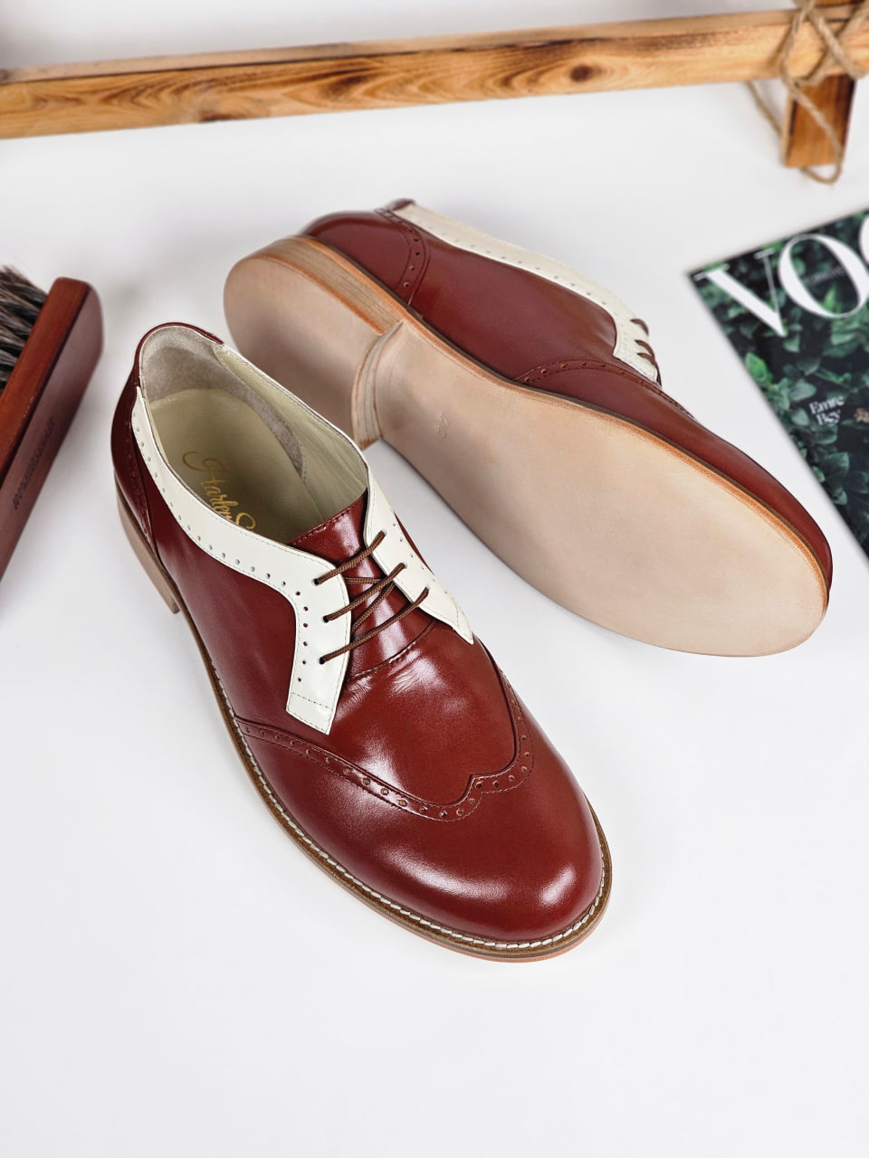 Men Oxfords Brown Leather & Broken White Line 2 cm heel