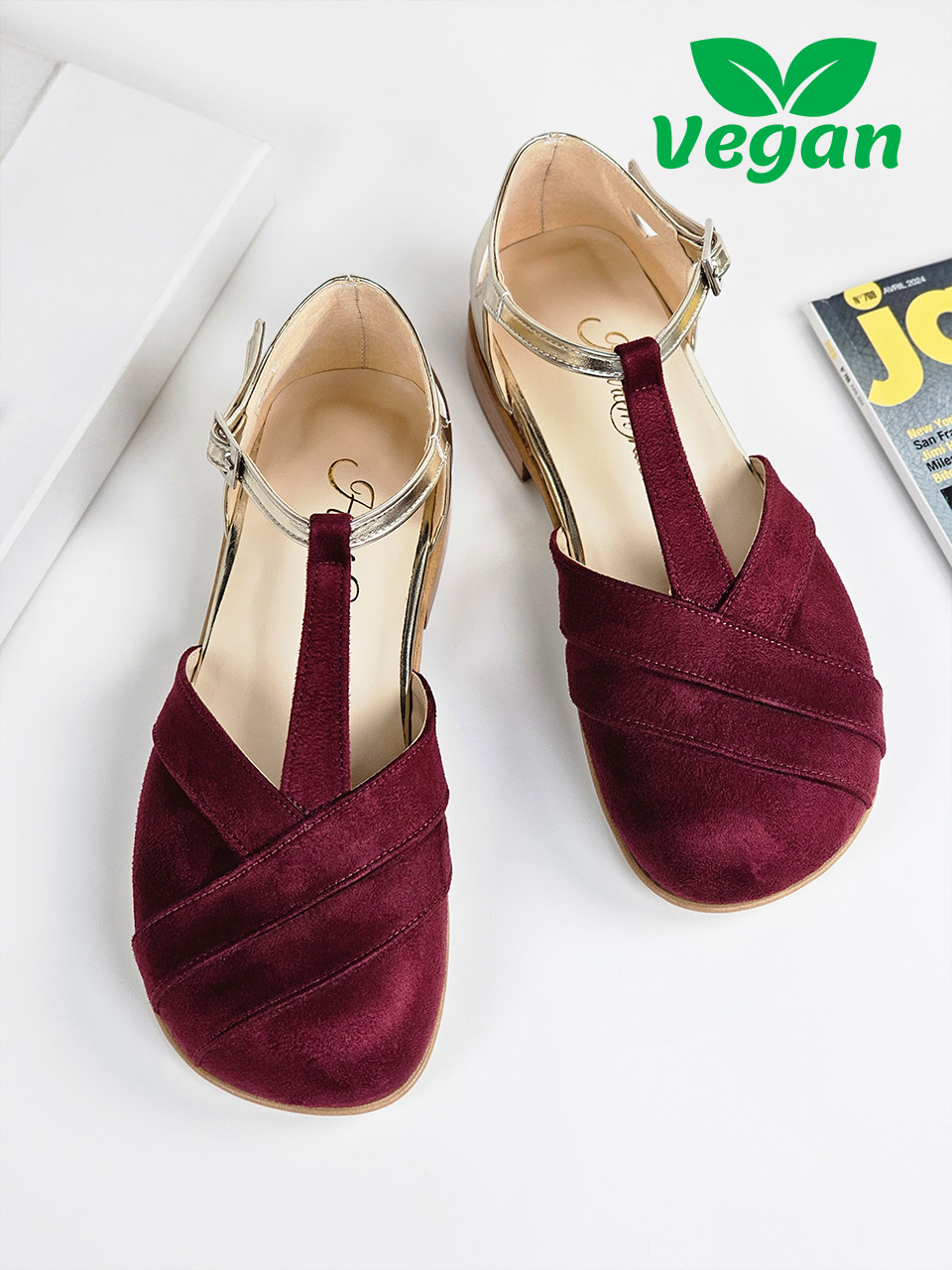 Barefoot Sugar Vegan Bordeaux Suede & Platinum Gold Leather 2 cm heel