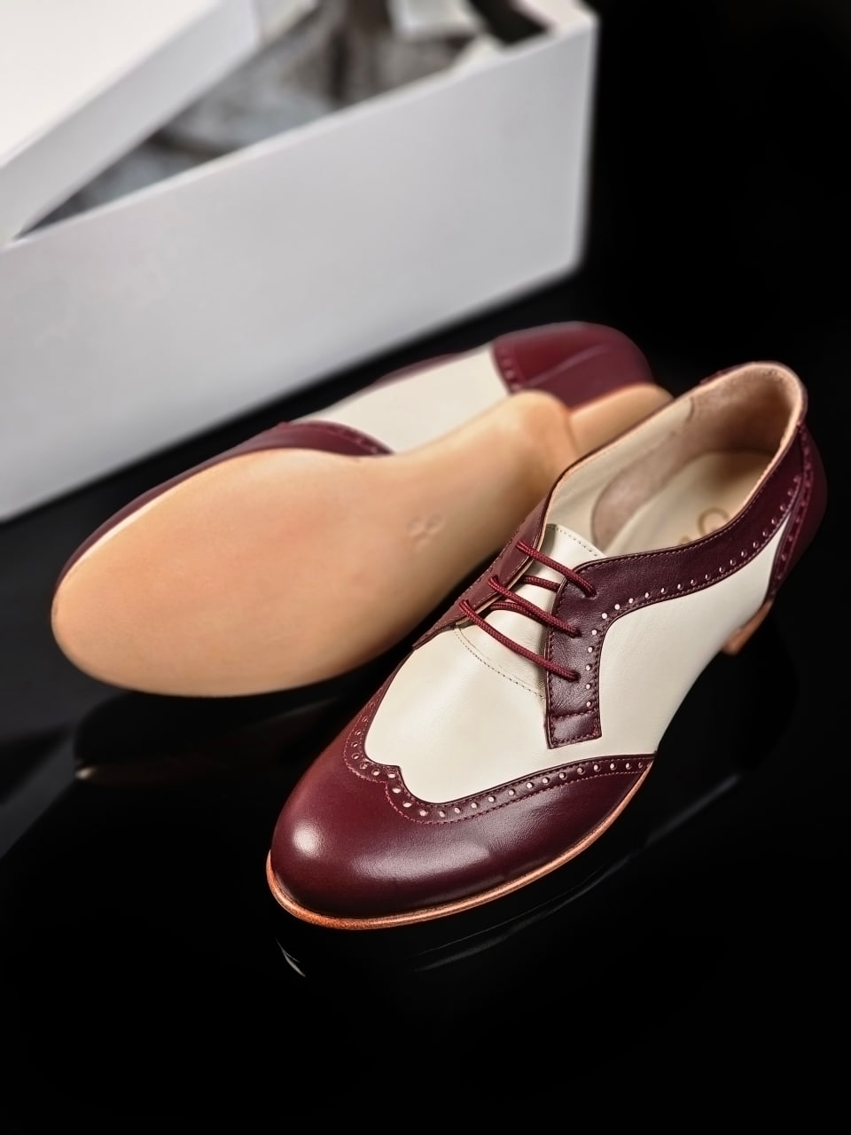 Women Oxfords Bordeaux & Beige Leather 4 cm covered heel
