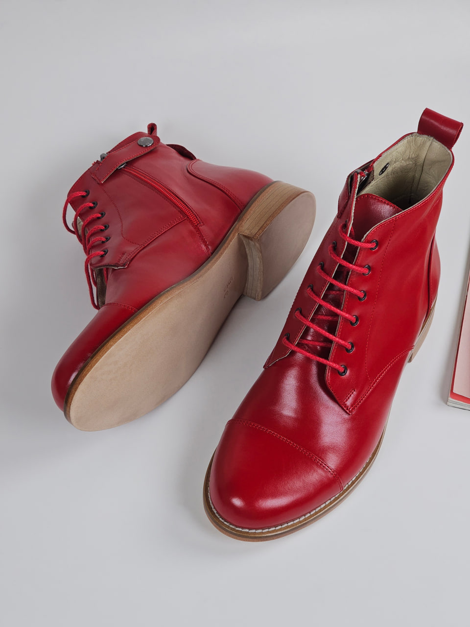 Derby Boots with Zipper Red Leather 2 cm heel