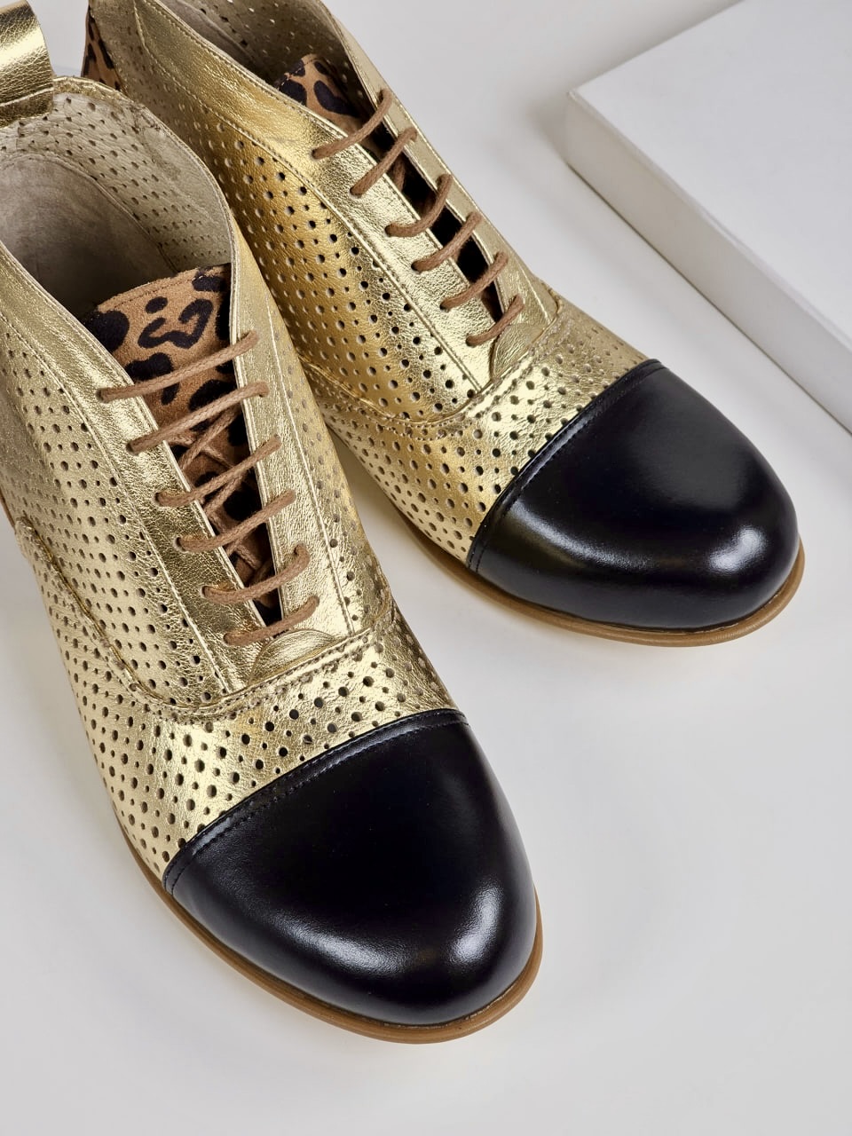 Smooth Boots Perforated Gold & Black Leather & Leopard Suede 2 cm heel