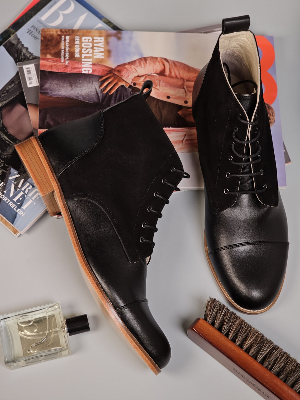 Derby Boots Black Leather & Suede 2 cm heel