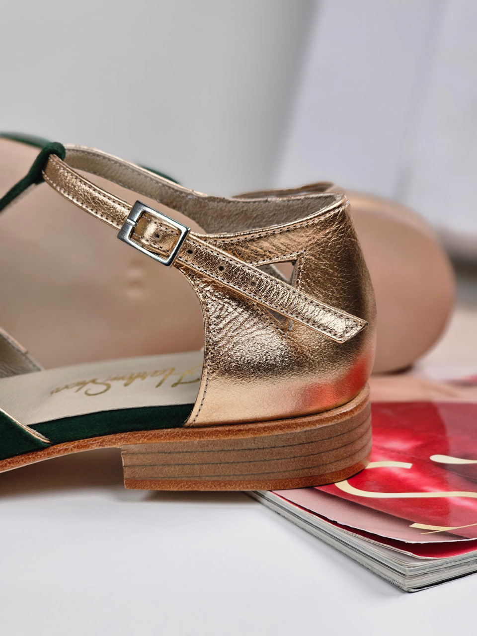 Barefoot Sugar Emerald Suede & Rose Gold Leather 2 cm heel