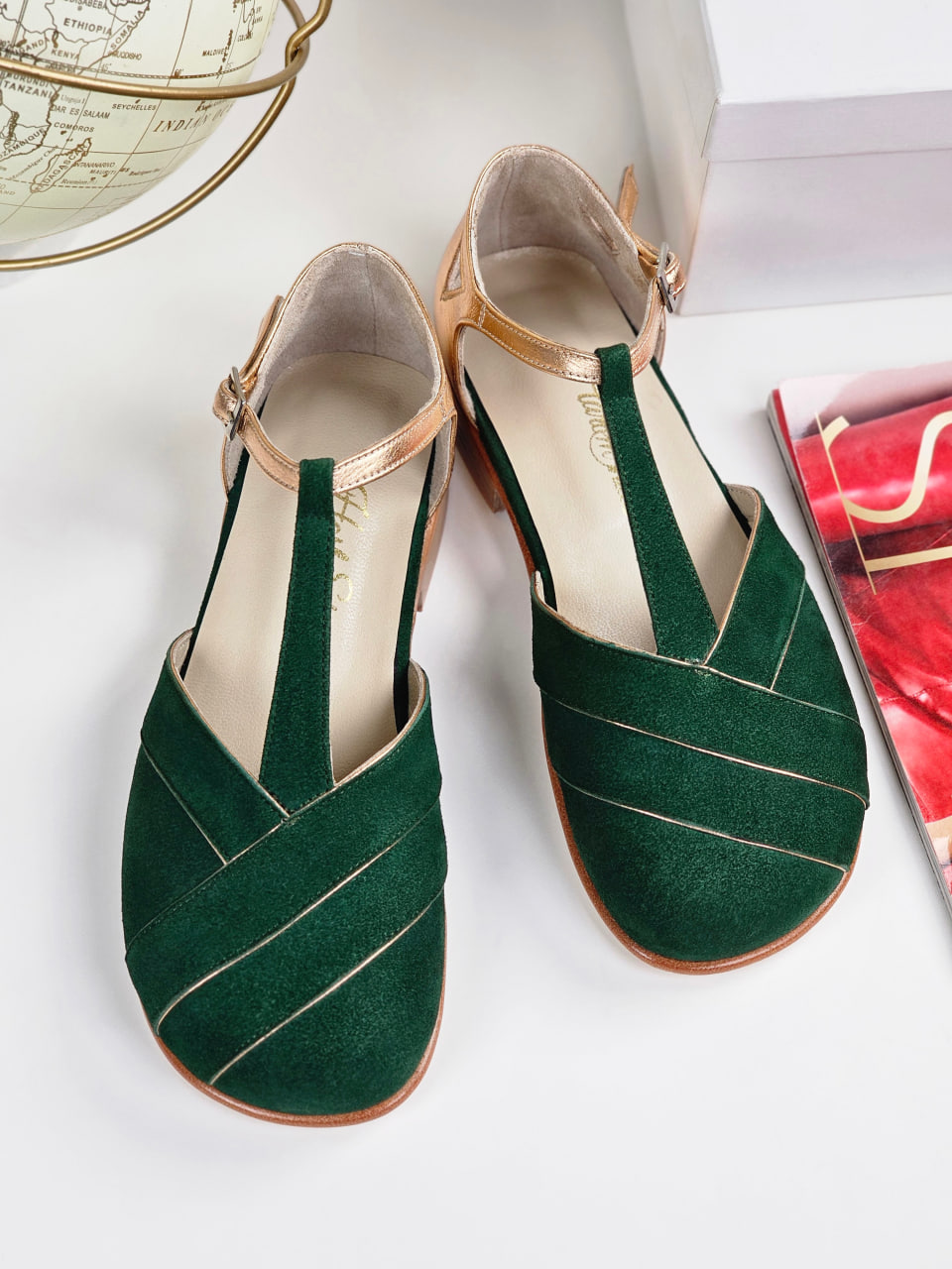 Barefoot Sugar Emerald Suede & Rose Gold Leather 2 cm heel