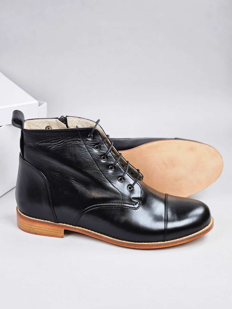 Derby Boots Black Leather with Zipper 2 cm heel