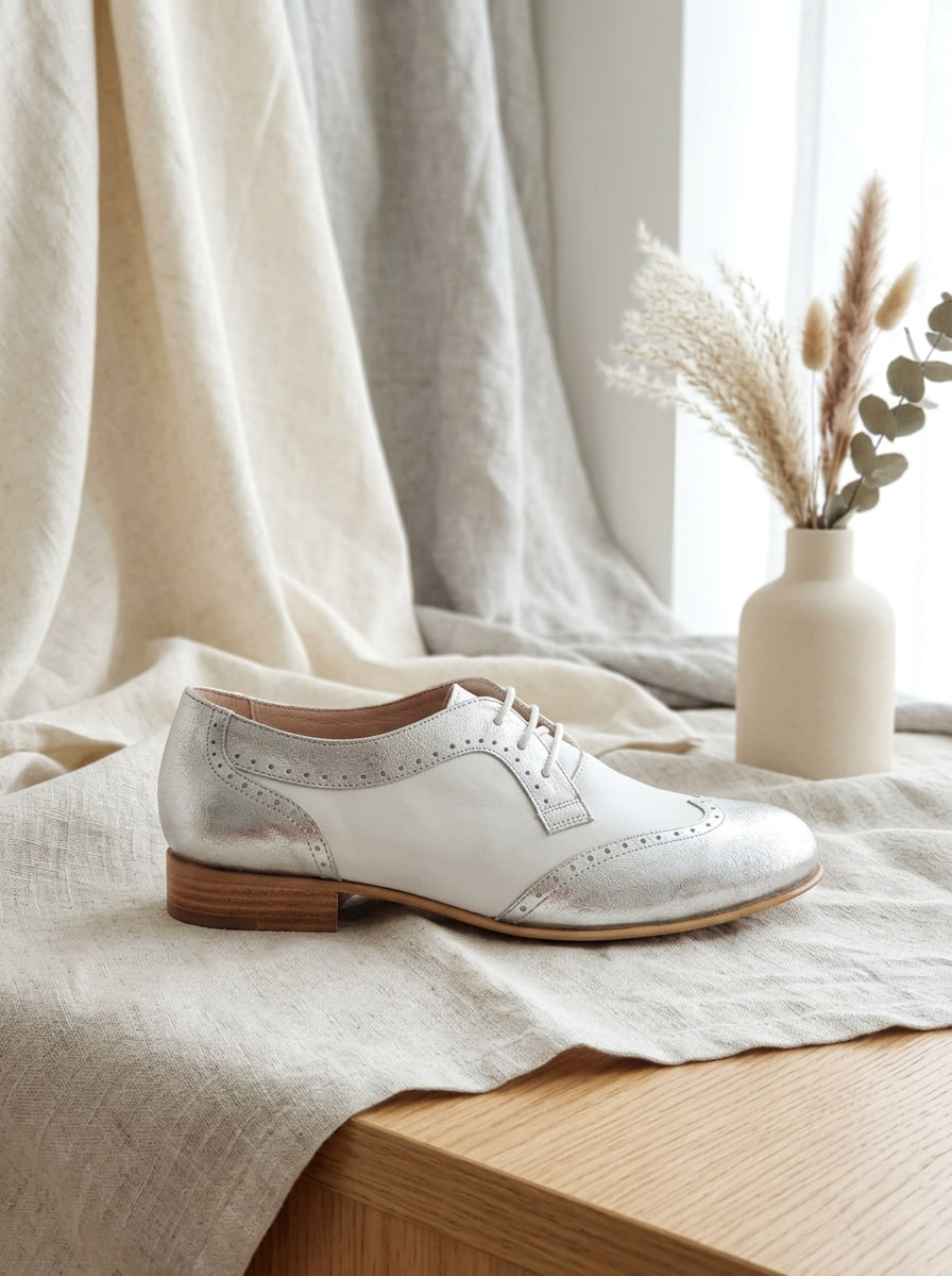 Women Oxfords Silver & White Leather 2 cm heel