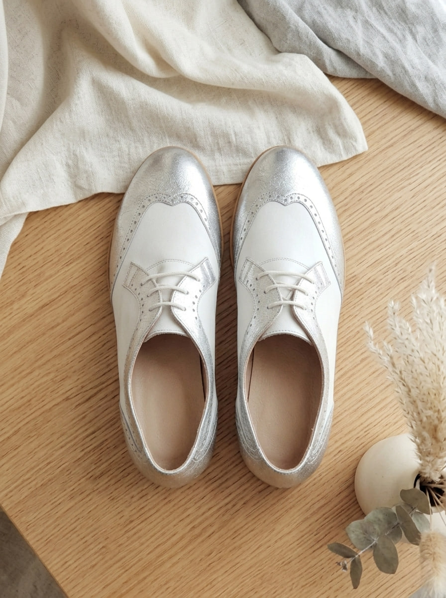 Women Oxfords Silver & White Leather 2 cm heel