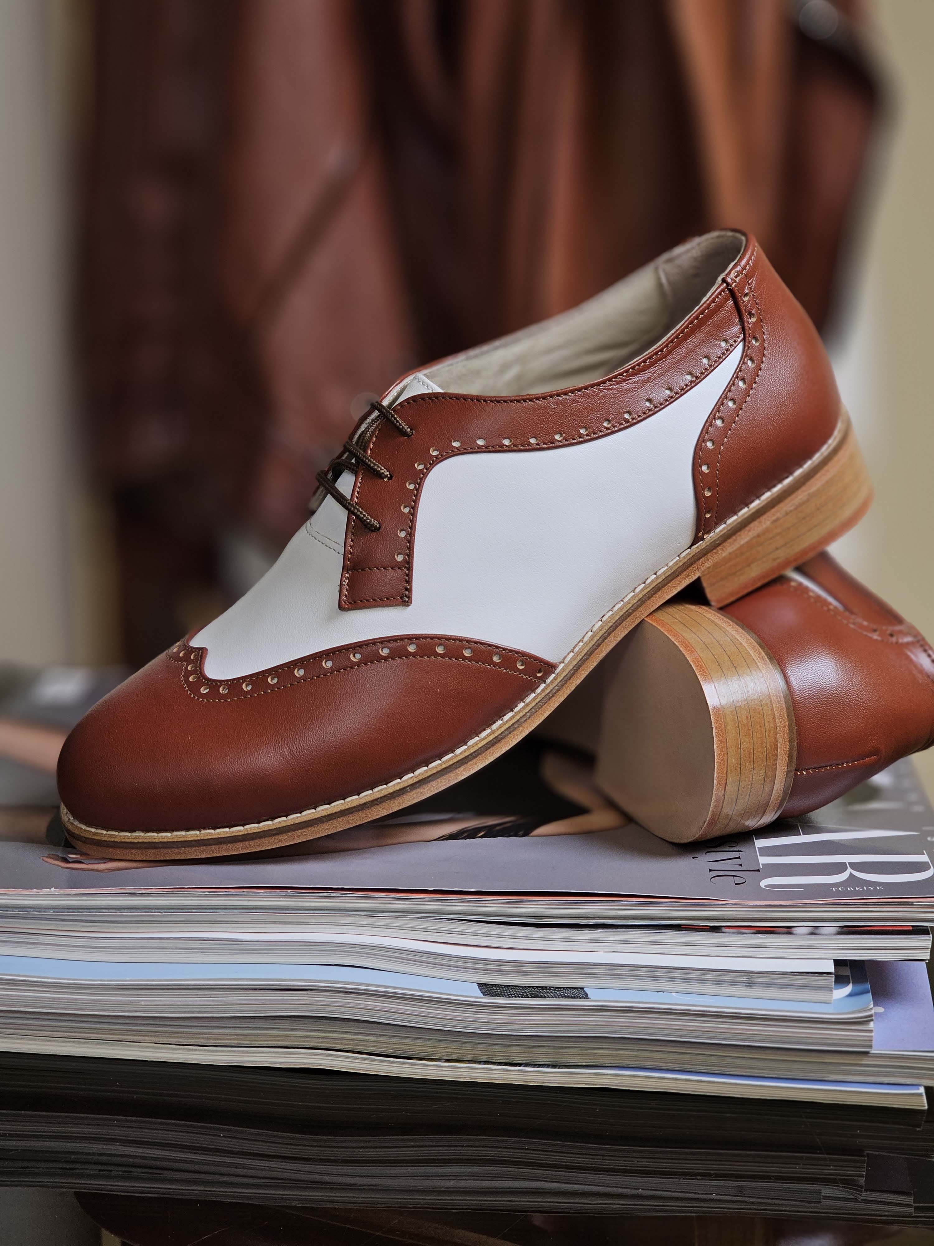 Men Oxfords Brown & White Leather 2 cm heel